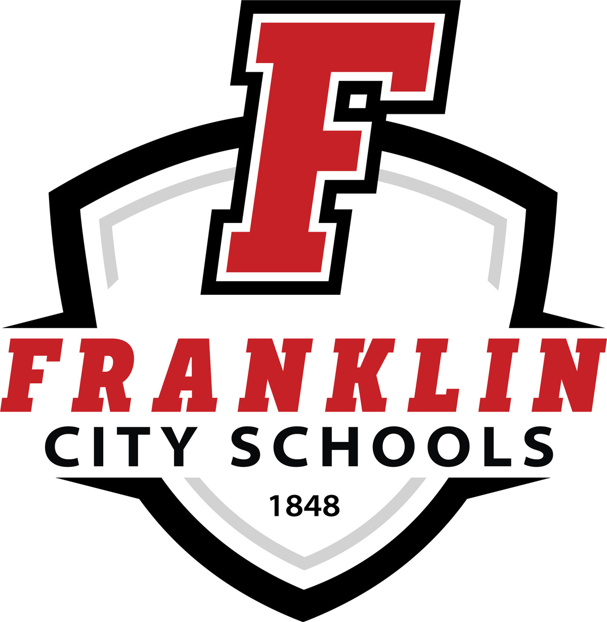 Franklin City Schools Shield logo: Red and black F.